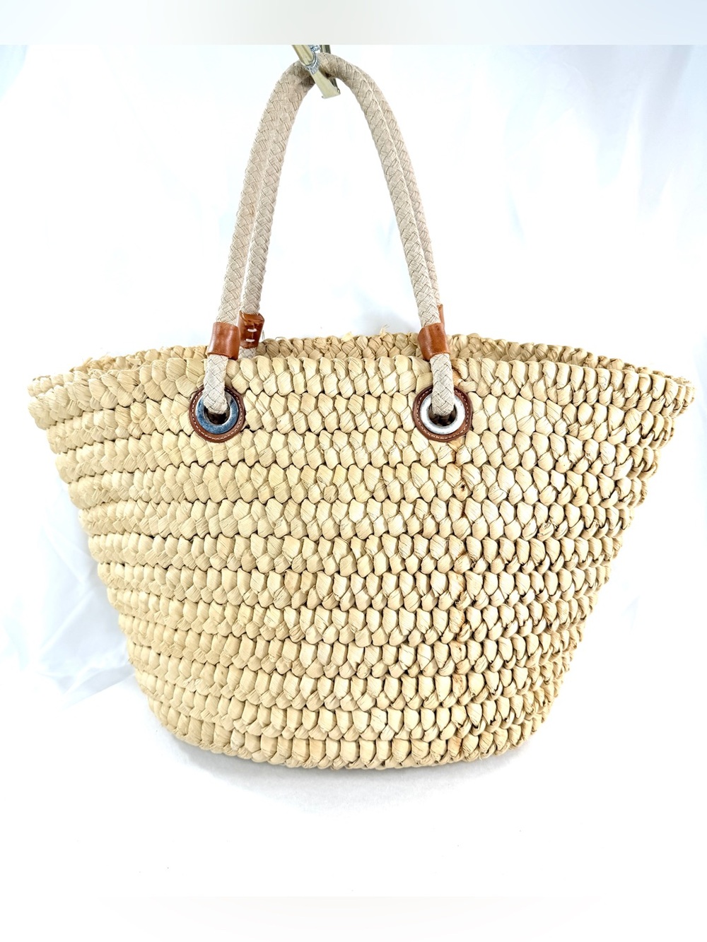 Lands End Woven Raffia Beach Shopper Summer Large Straw Tote Bag Leather Accents